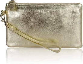 befen Women's Genuine Italian Leather Wristlet Clutch Wallet Purse, Gold Zipper