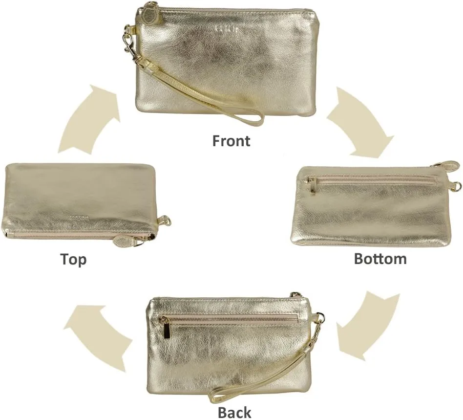 befen Women's Genuine Italian Leather Wristlet Clutch Wallet Purse, Gold Zipper