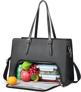 BERTASCHE Laptop Tote Bag with Insulated Lunch Compartment, 15.6 Inch PU Leather Work Bag Computer Briefcase for Women, Waterproof Laptop Shoulder Handbag for Business,Office,Work, Black