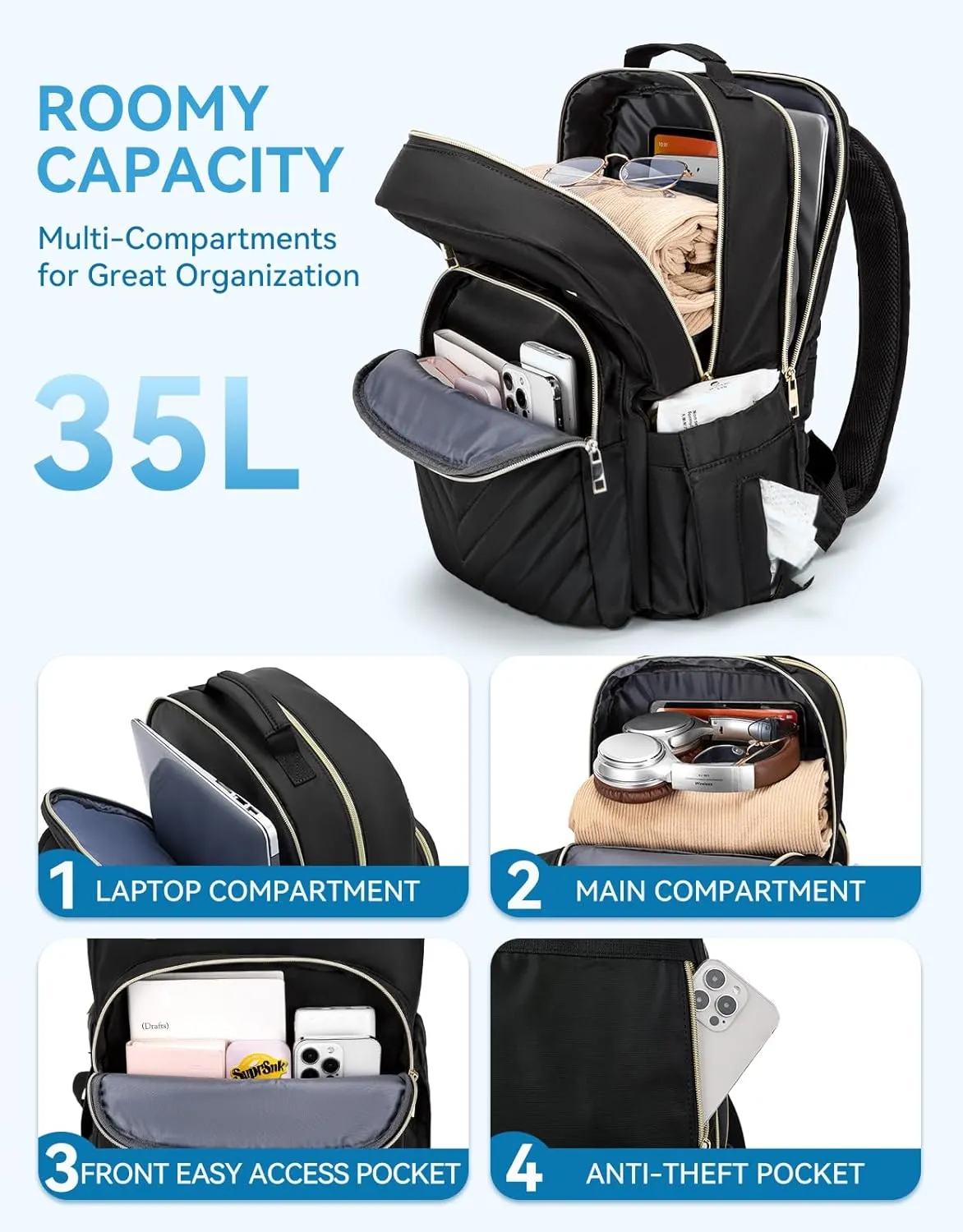 BOSTANTEN 15.6 Inch Laptop Backpack for Women- College Teacher Computer Bag Travel Backpack Purse, Black