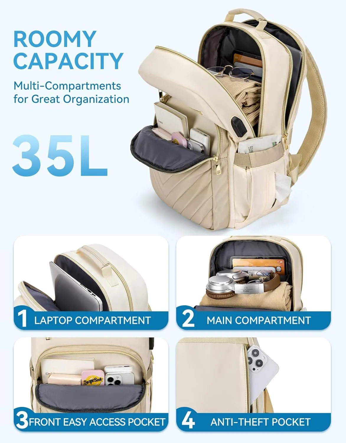 BOSTANTEN 15.6 Inch Laptop Backpack for Women- College Teacher Computer Bag Travel Backpack Purse with USB Charging Port