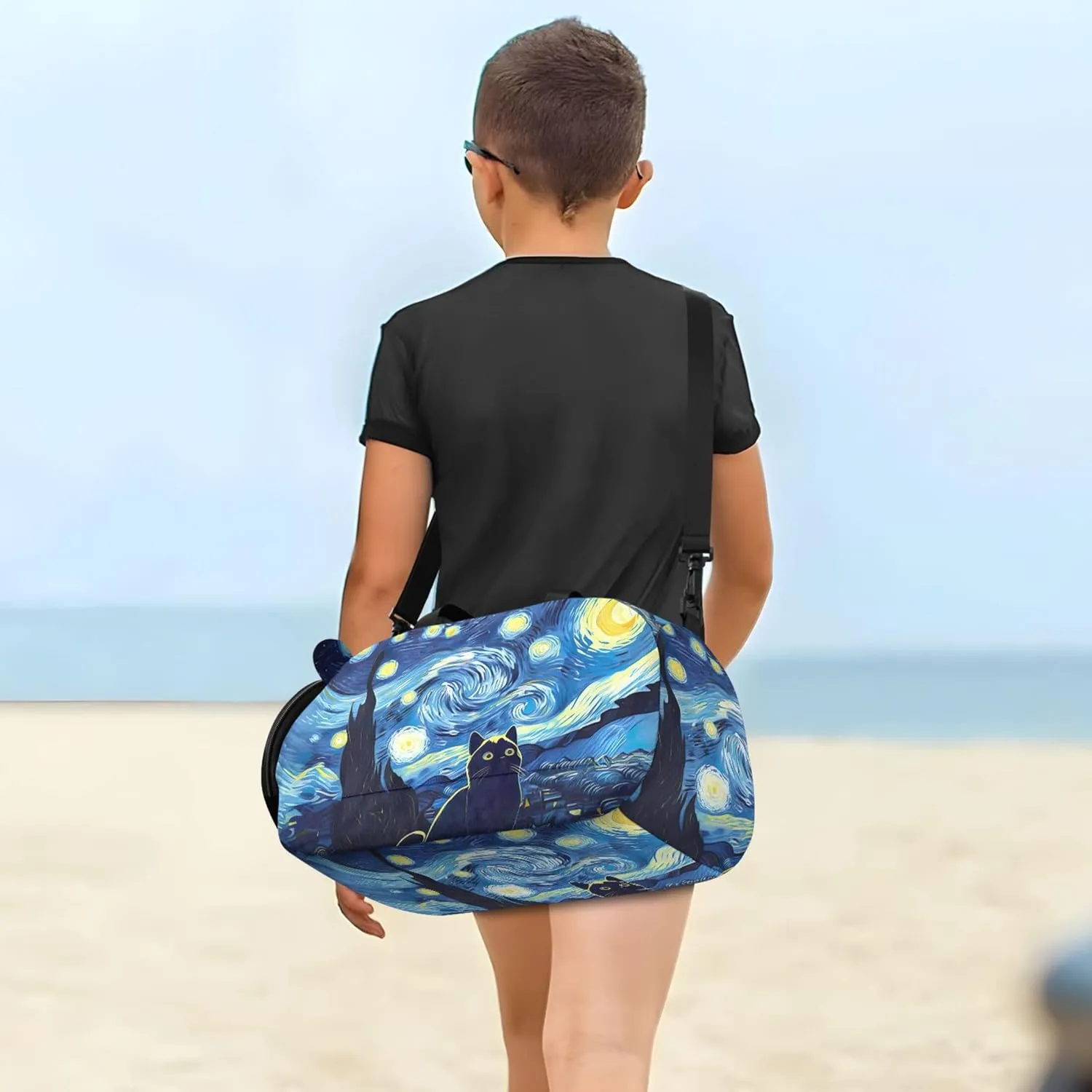Cat Starry Night Blue Carry on Duffel Bag Boy Toddler Weekender Bags Girls Duffle Bags for Travel Kids Gym Duffle