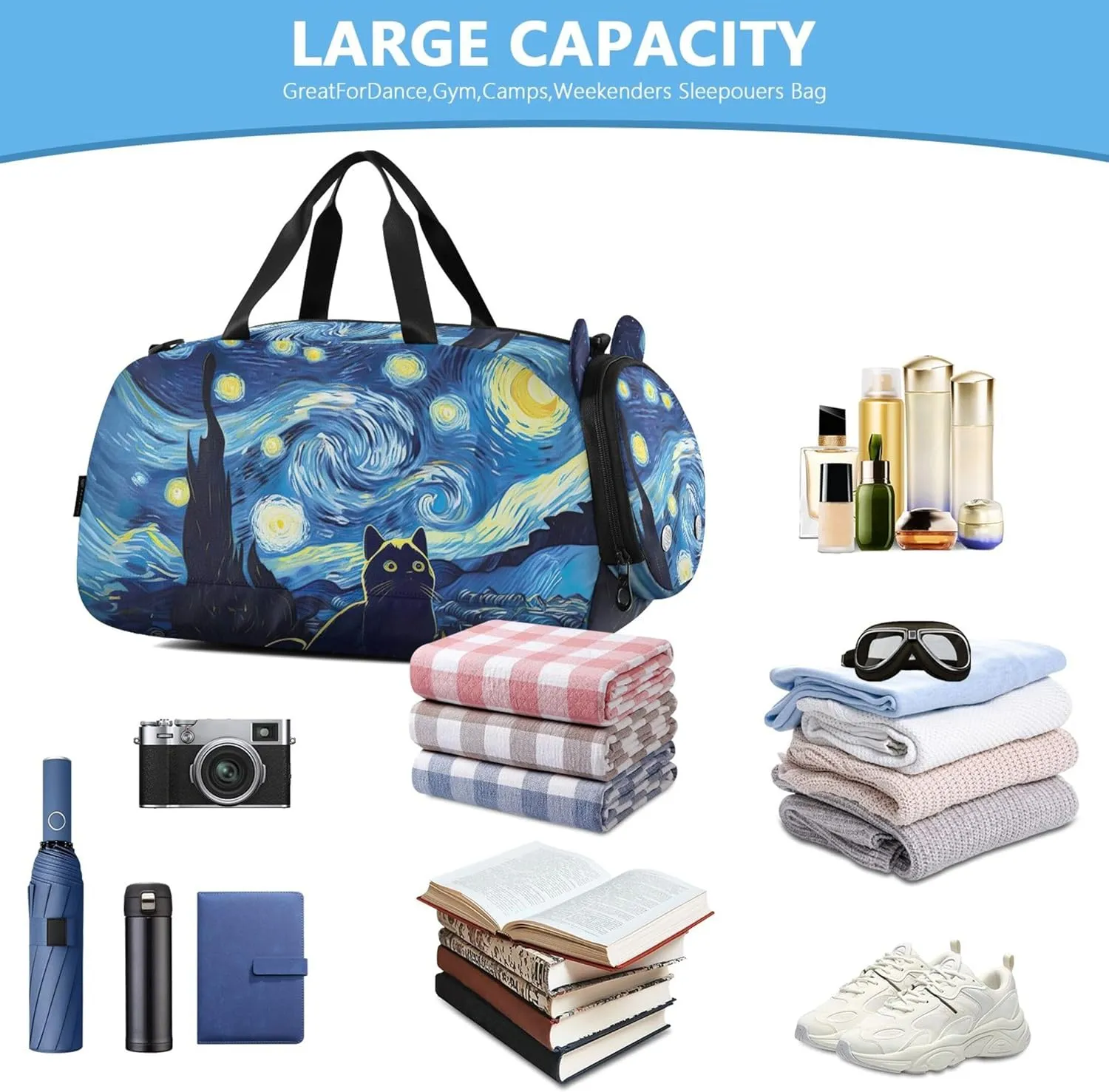 Cat Starry Night Blue Carry on Duffel Bag Boy Toddler Weekender Bags Girls Duffle Bags for Travel Kids Gym Duffle