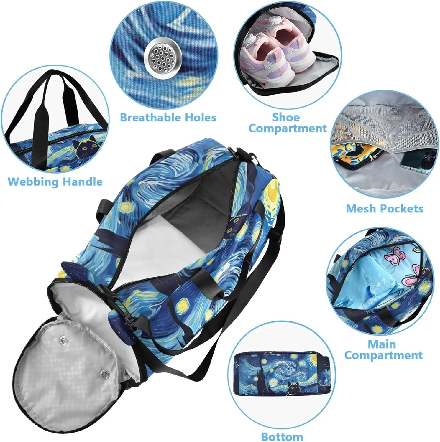 Cat Starry Night Blue Carry on Duffel Bag Boy Toddler Weekender Bags Girls Duffle Bags for Travel Kids Gym Duffle