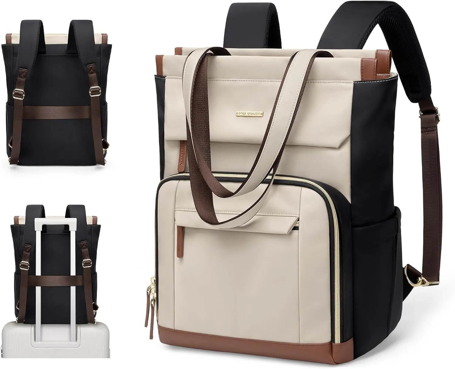 Convertible Daypack Laptop Backpack for Women Men Carry on Tote Backpack Bookbag for College Work Nurse Travel,16Inch,Apricot Brown