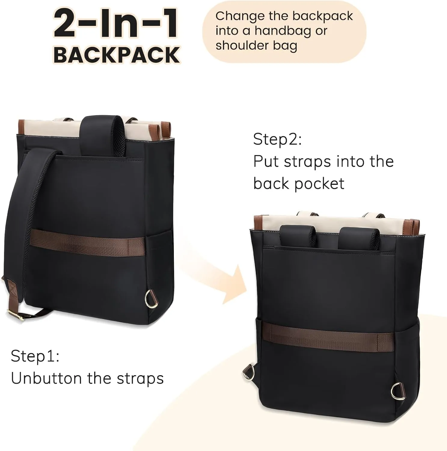 Convertible Daypack Laptop Backpack for Women Men Carry on Tote Backpack Bookbag for College Work Nurse Travel,16Inch,Apricot Brown