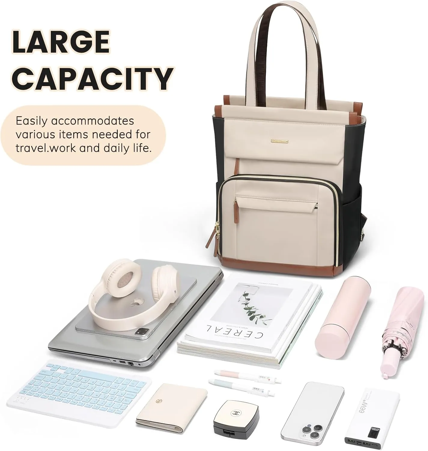 Convertible Daypack Laptop Backpack for Women Men Carry on Tote Backpack Bookbag for College Work Nurse Travel,16Inch,Apricot Brown