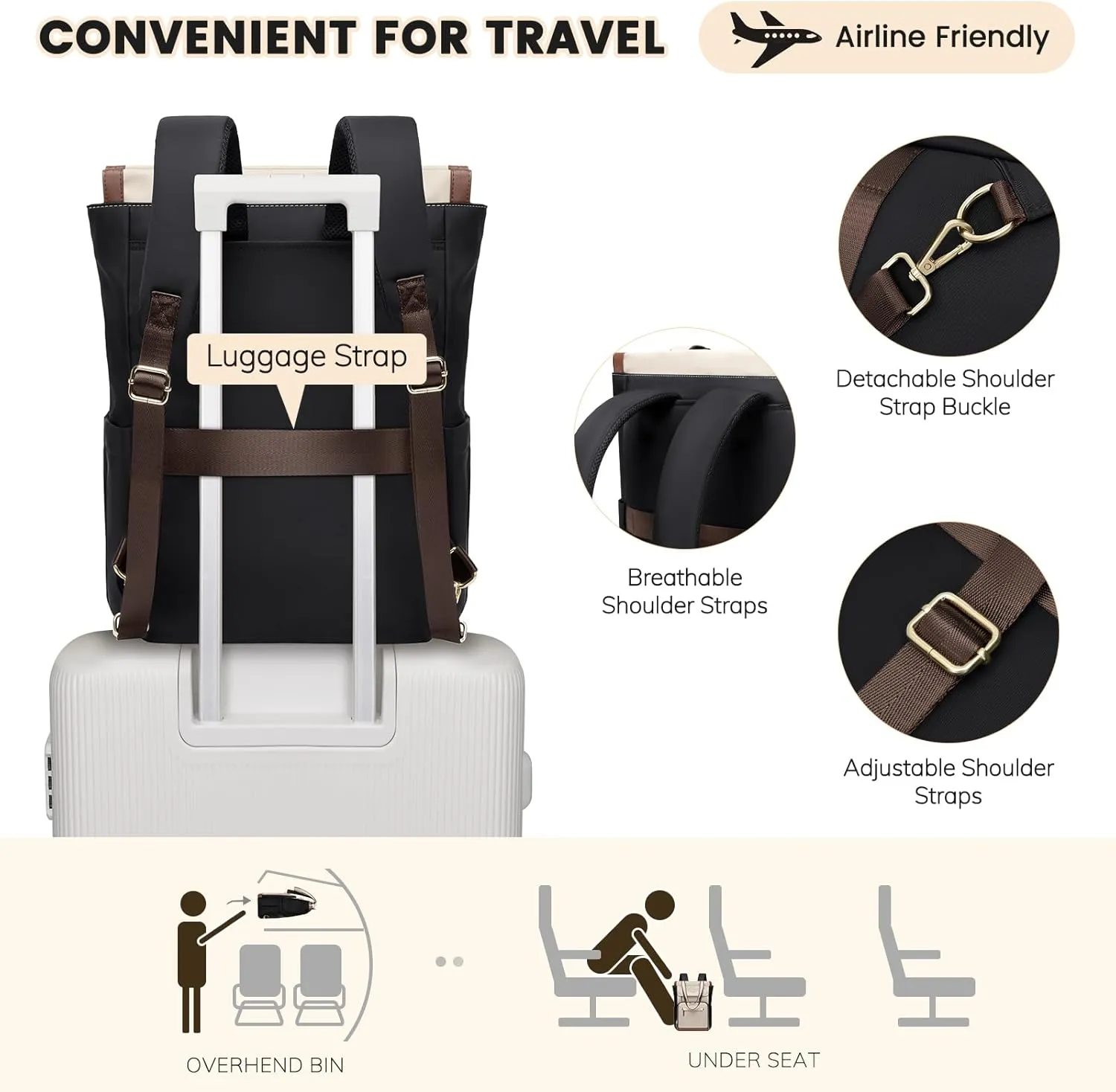 Convertible Daypack Laptop Backpack for Women Men Carry on Tote Backpack Bookbag for College Work Nurse Travel,16Inch,Apricot Brown