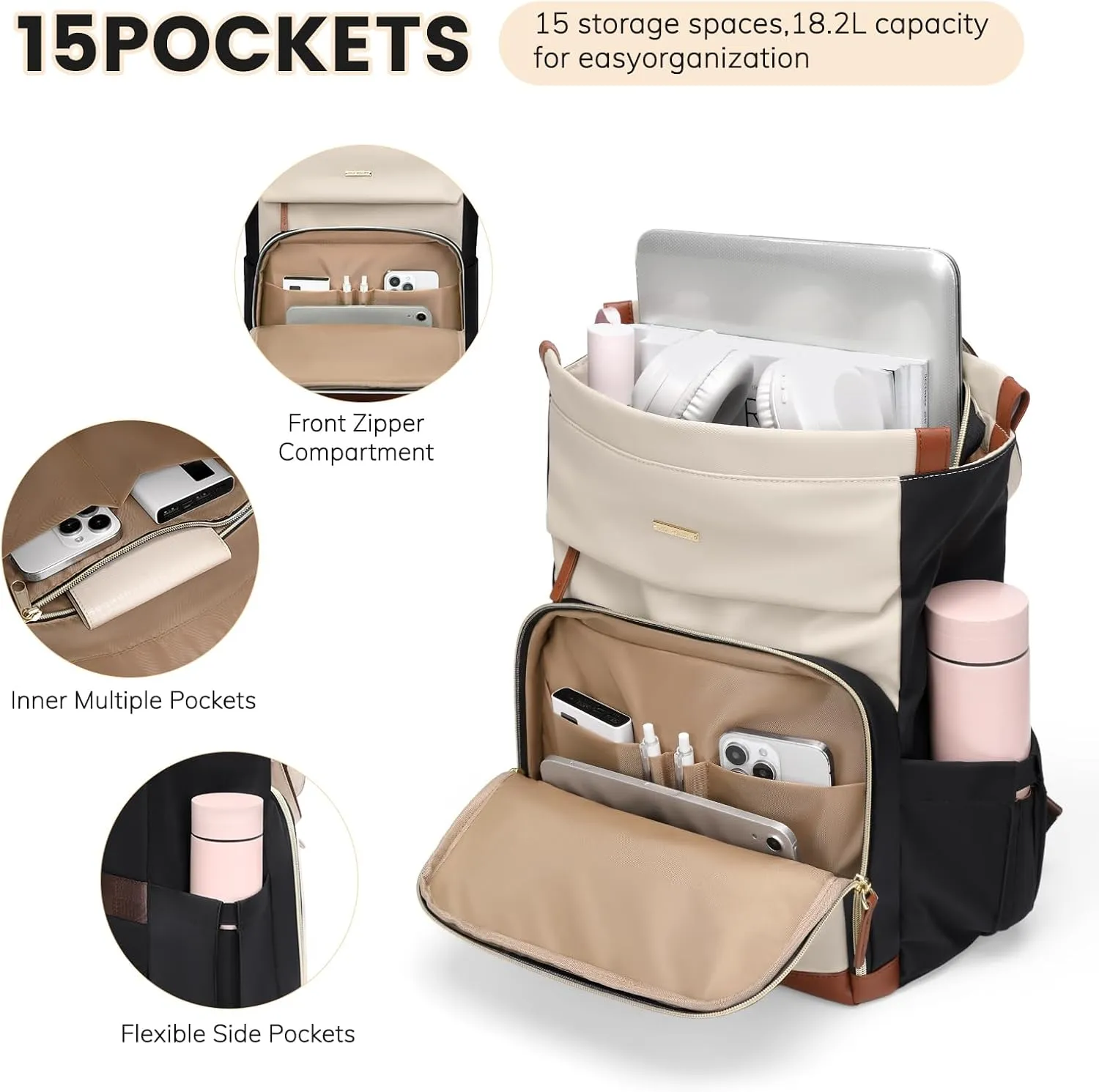 Convertible Daypack Laptop Backpack for Women Men Carry on Tote Backpack Bookbag for College Work Nurse Travel,16Inch,Apricot Brown