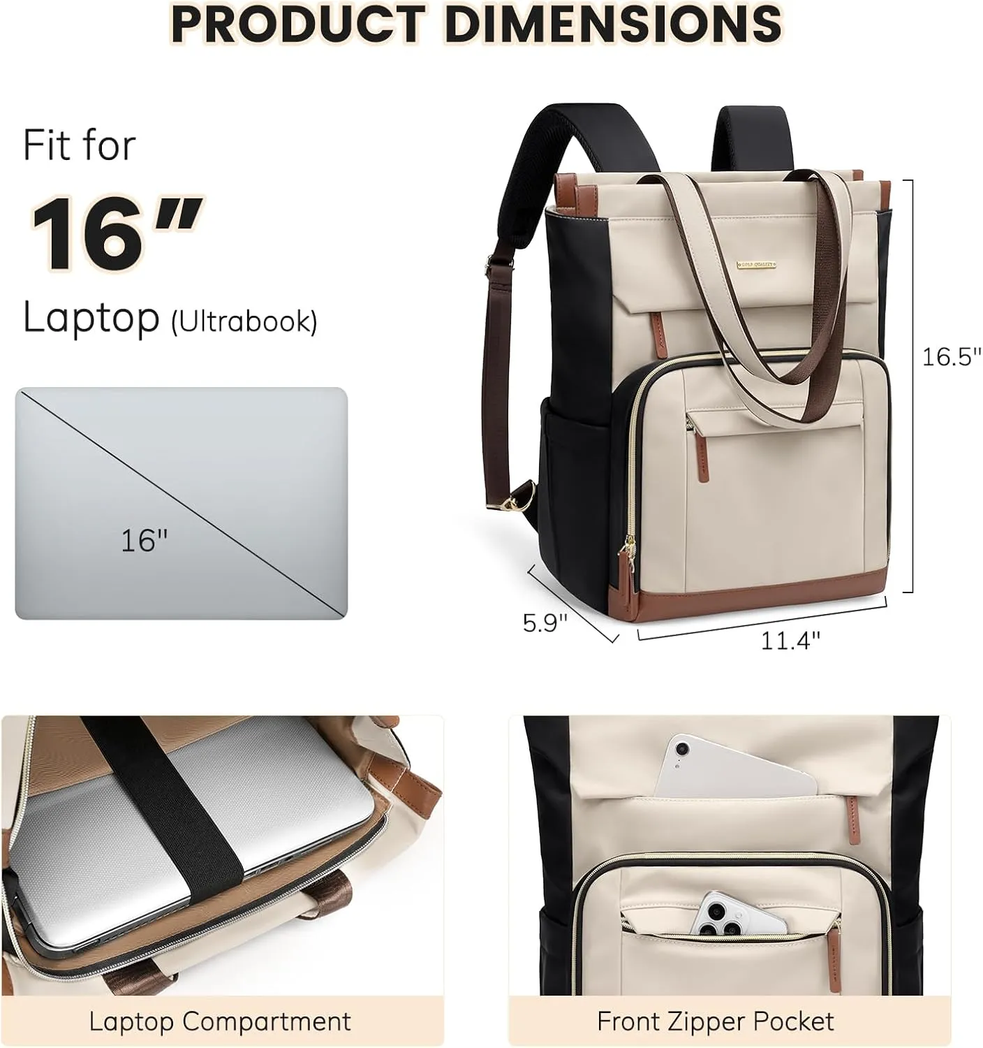 Convertible Daypack Laptop Backpack for Women Men Carry on Tote Backpack Bookbag for College Work Nurse Travel,16Inch,Apricot Brown