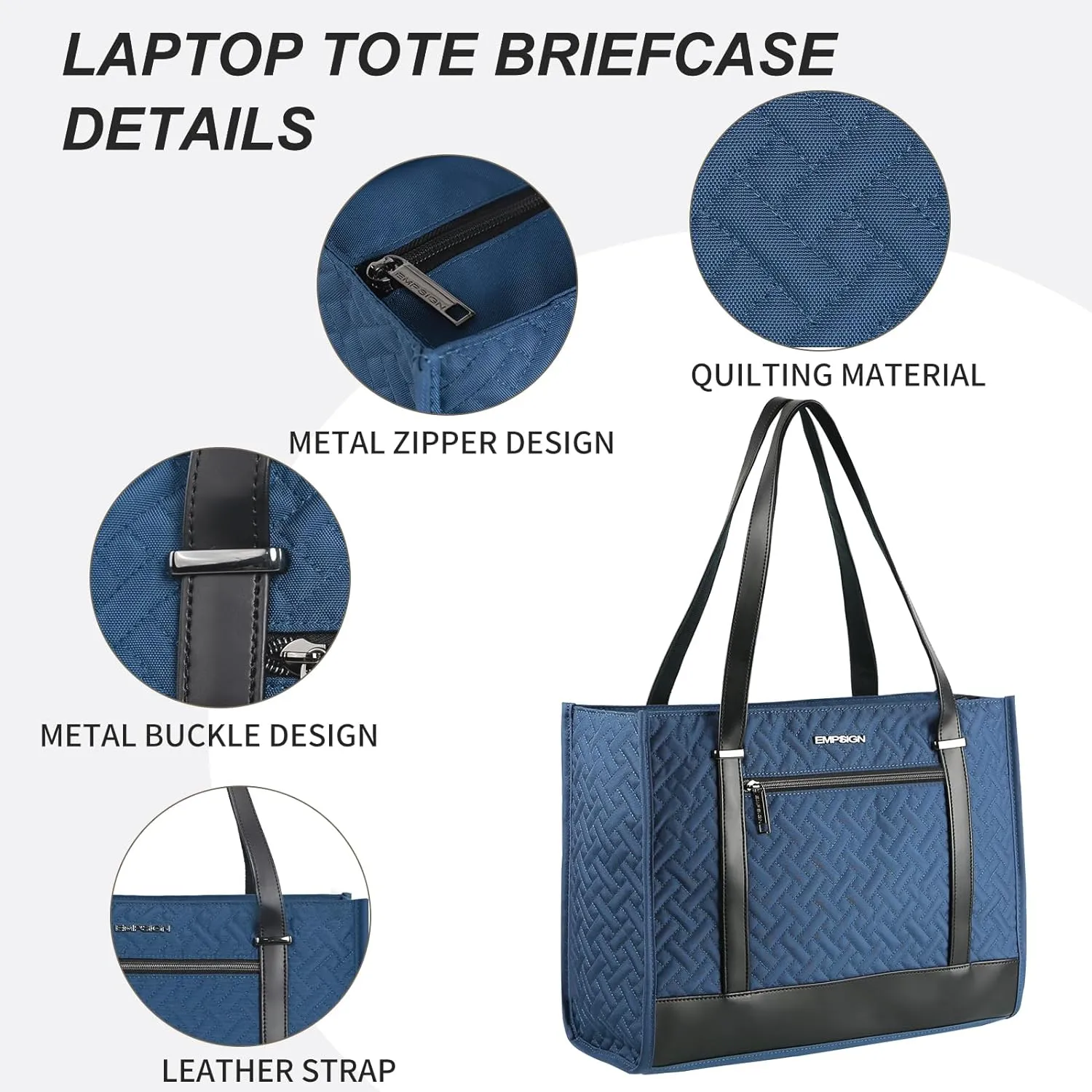EMPSIGN Laptop Tote bag for women 16 Inch, Stylish Computer Shoulder Tote Bag for Work, Large Capacity Quilted Laptop Briefcase, Waterproof Women Business Office Bag, Quilted Haze Blue