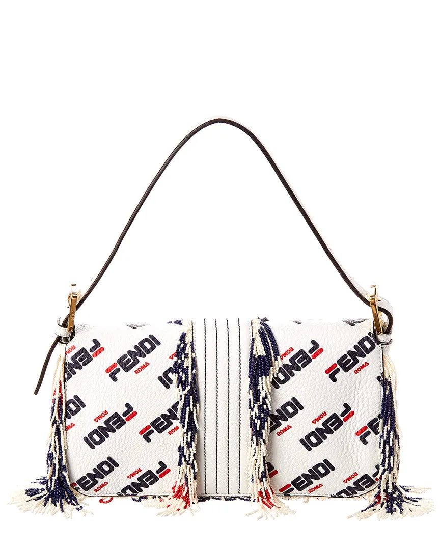 FENDI Baguette Logo Leather Shoulder Bag, White