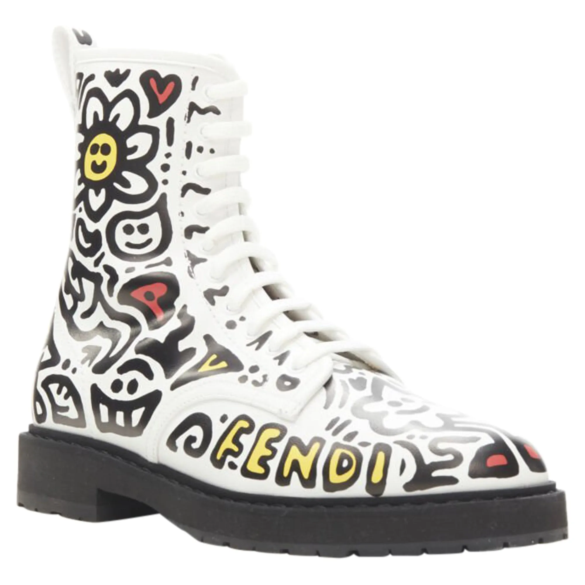 Fendi Mr Doodle logo graffiti print laced combat ankle boot