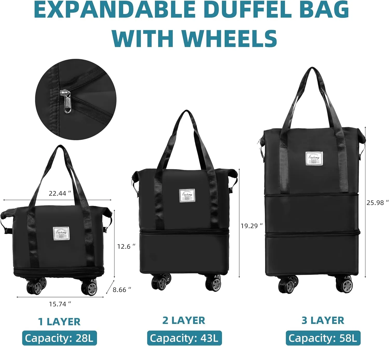 Finnhomy 50L Expandable Rolling Duffel Bag with Wheels Foldable Duffel Bag for Travel Carry on Bag with Wheels Luggage Travel bag Detachable Wheel Duffel Bag for Shopping Travel Outdoor, Black