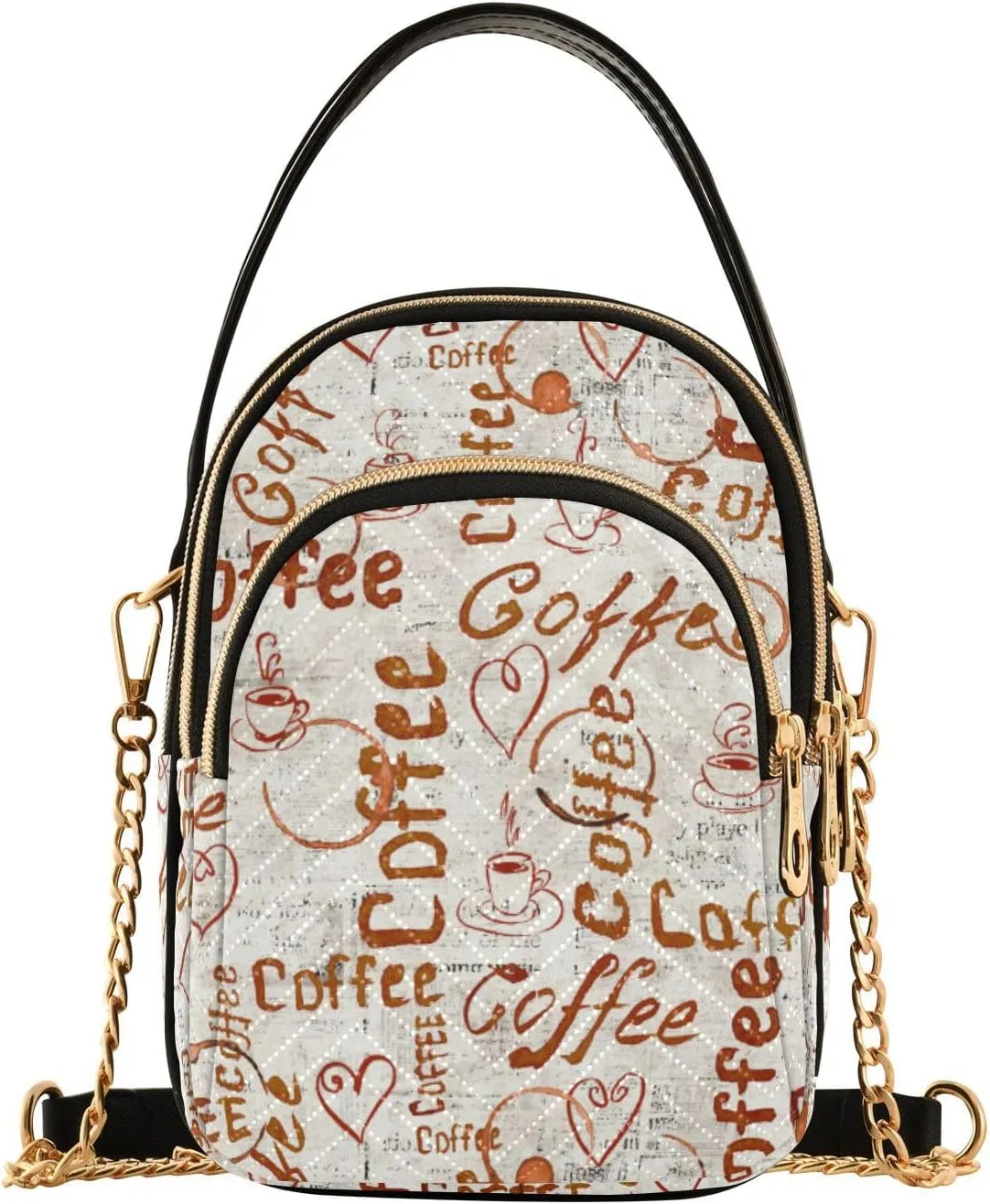 JIPONI Coffee Cup Traces on Beige Grunge Background Quilted Crossbody Bag for Women, Small Cell Phone Bag Shoulder Handbags Purse with Leather Strap