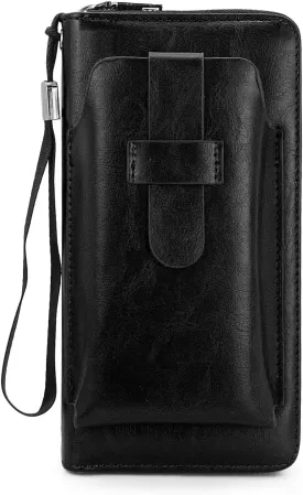 Long Wallet for Men, Large Capacity Zipper Leather Wallet Fashion Business Clutch Purse Card Holder Travel Wallet (Black)
