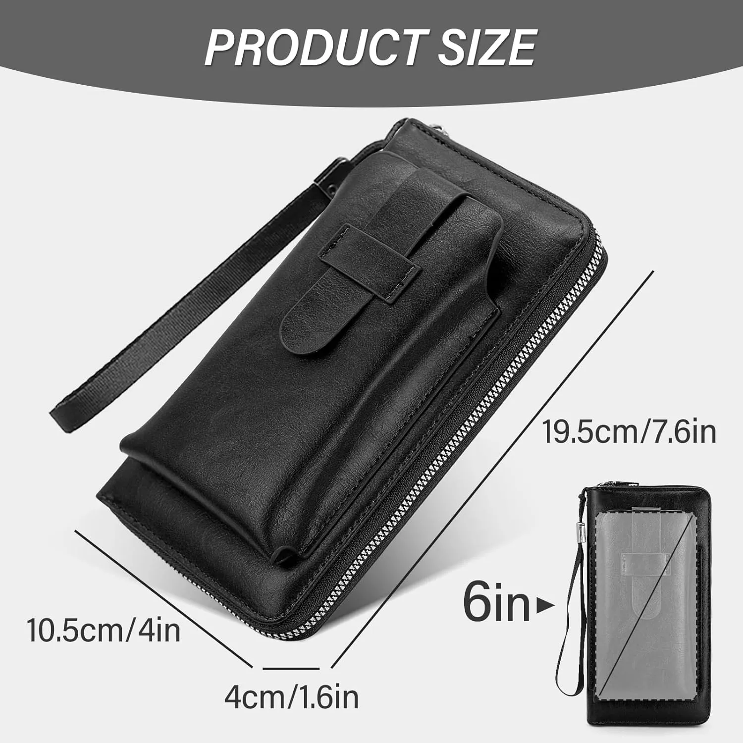 Long Wallet for Men, Large Capacity Zipper Leather Wallet Fashion Business Clutch Purse Card Holder Travel Wallet (Black)