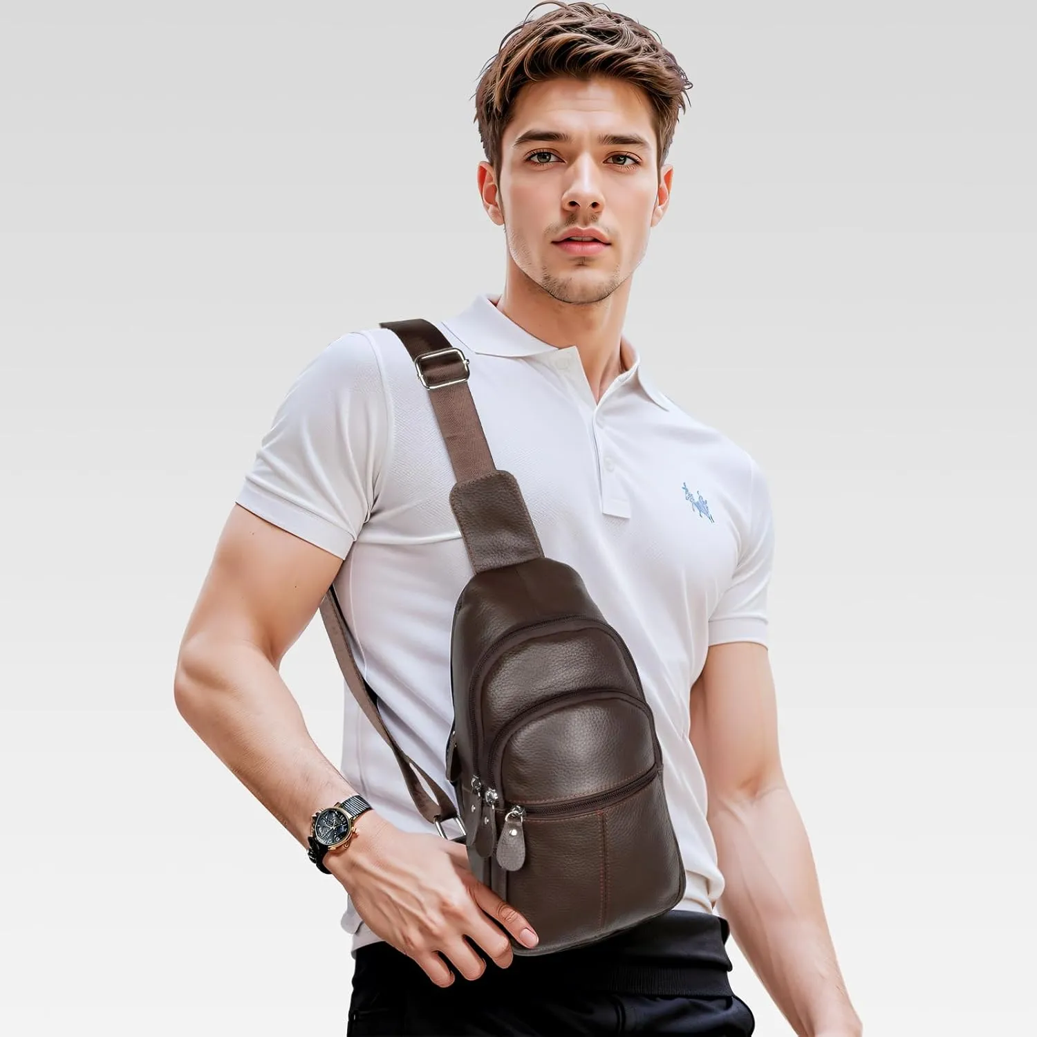 molshine Genuine Leather Sling Crossbody Bag,Fashion Chest,Casual Shoulder Bag for Men Women Work Travel Cycling HB024