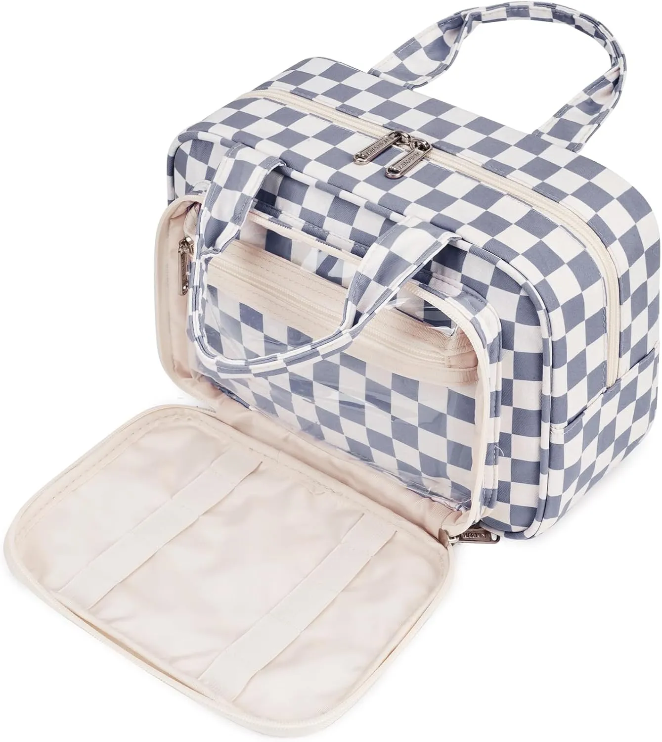 Narwey Large Toiletry Bag Women Makeup Bag Organizer Travel Cosmetic Bag for Toiletries Essentials Accessories (Grayish Blue Checkerboard)