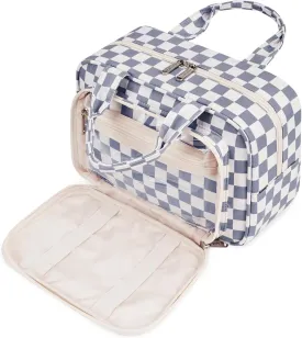 Narwey Large Toiletry Bag Women Makeup Bag Organizer Travel Cosmetic Bag for Toiletries Essentials Accessories (Grayish Blue Checkerboard)