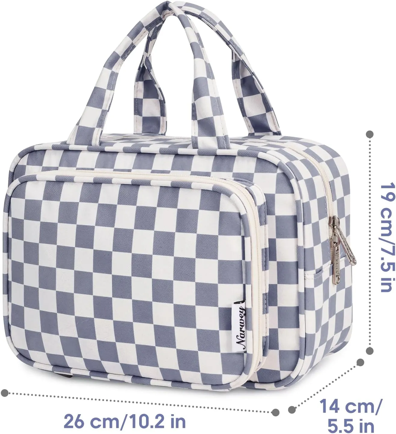 Narwey Large Toiletry Bag Women Makeup Bag Organizer Travel Cosmetic Bag for Toiletries Essentials Accessories (Grayish Blue Checkerboard)