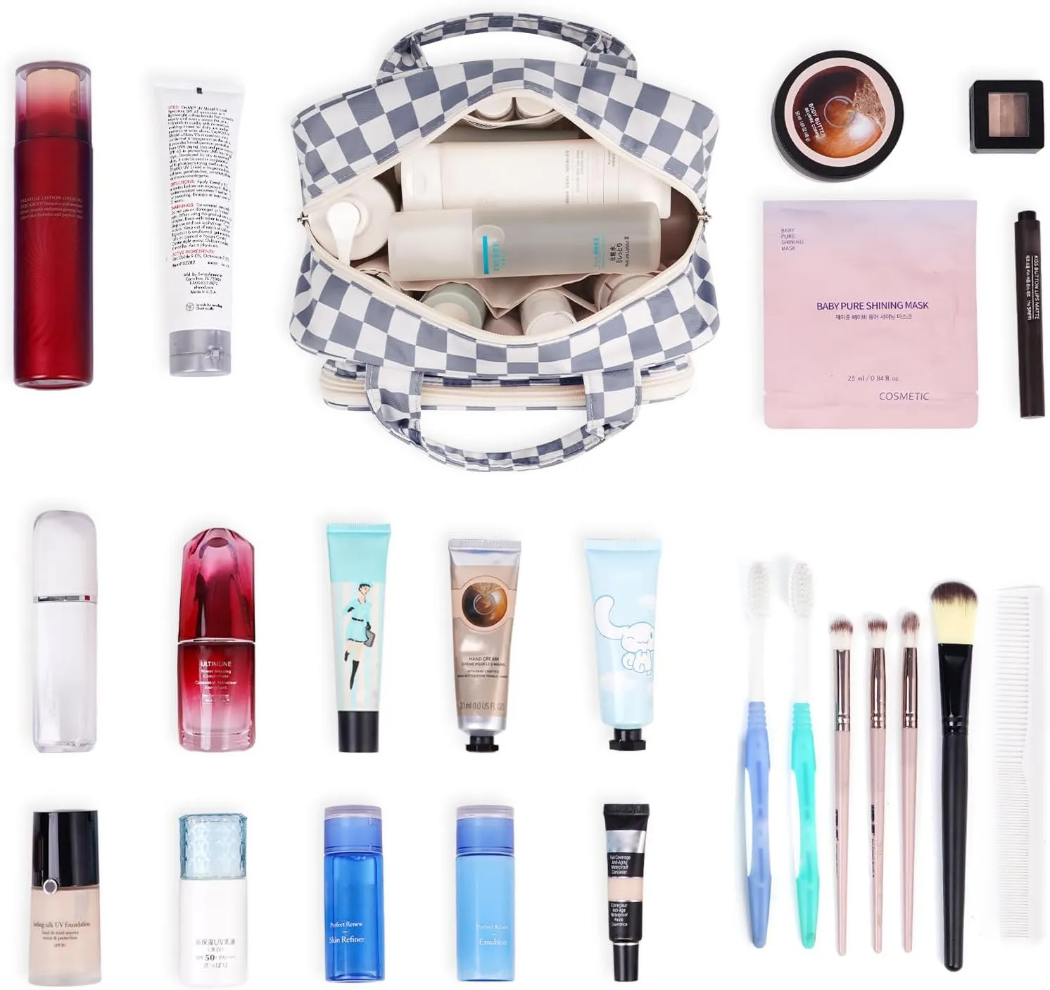 Narwey Large Toiletry Bag Women Makeup Bag Organizer Travel Cosmetic Bag for Toiletries Essentials Accessories (Grayish Blue Checkerboard)