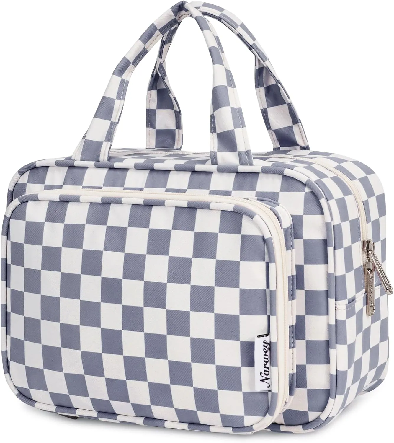 Narwey Large Toiletry Bag Women Makeup Bag Organizer Travel Cosmetic Bag for Toiletries Essentials Accessories (Grayish Blue Checkerboard)