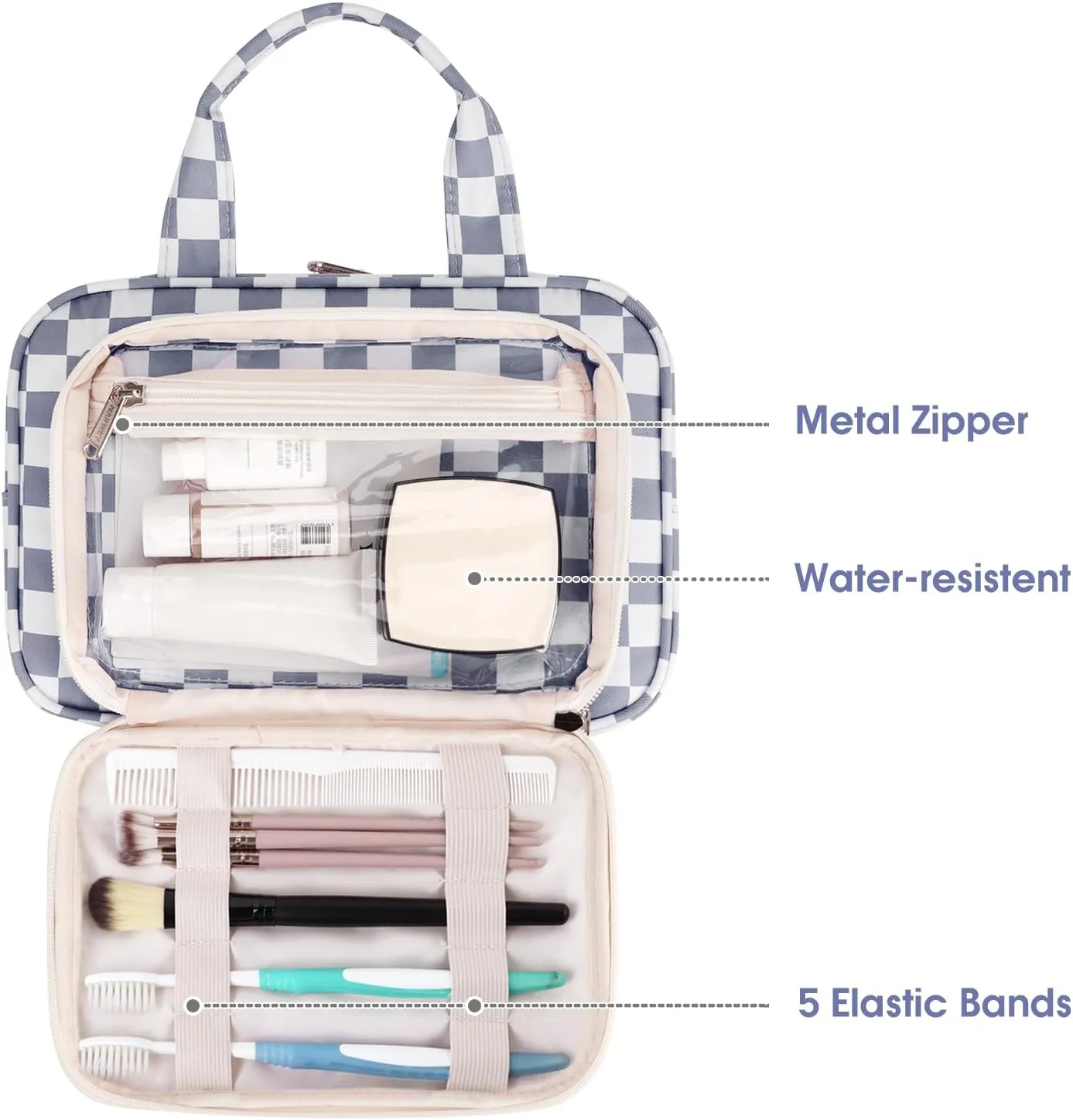 Narwey Large Toiletry Bag Women Makeup Bag Organizer Travel Cosmetic Bag for Toiletries Essentials Accessories (Grayish Blue Checkerboard)