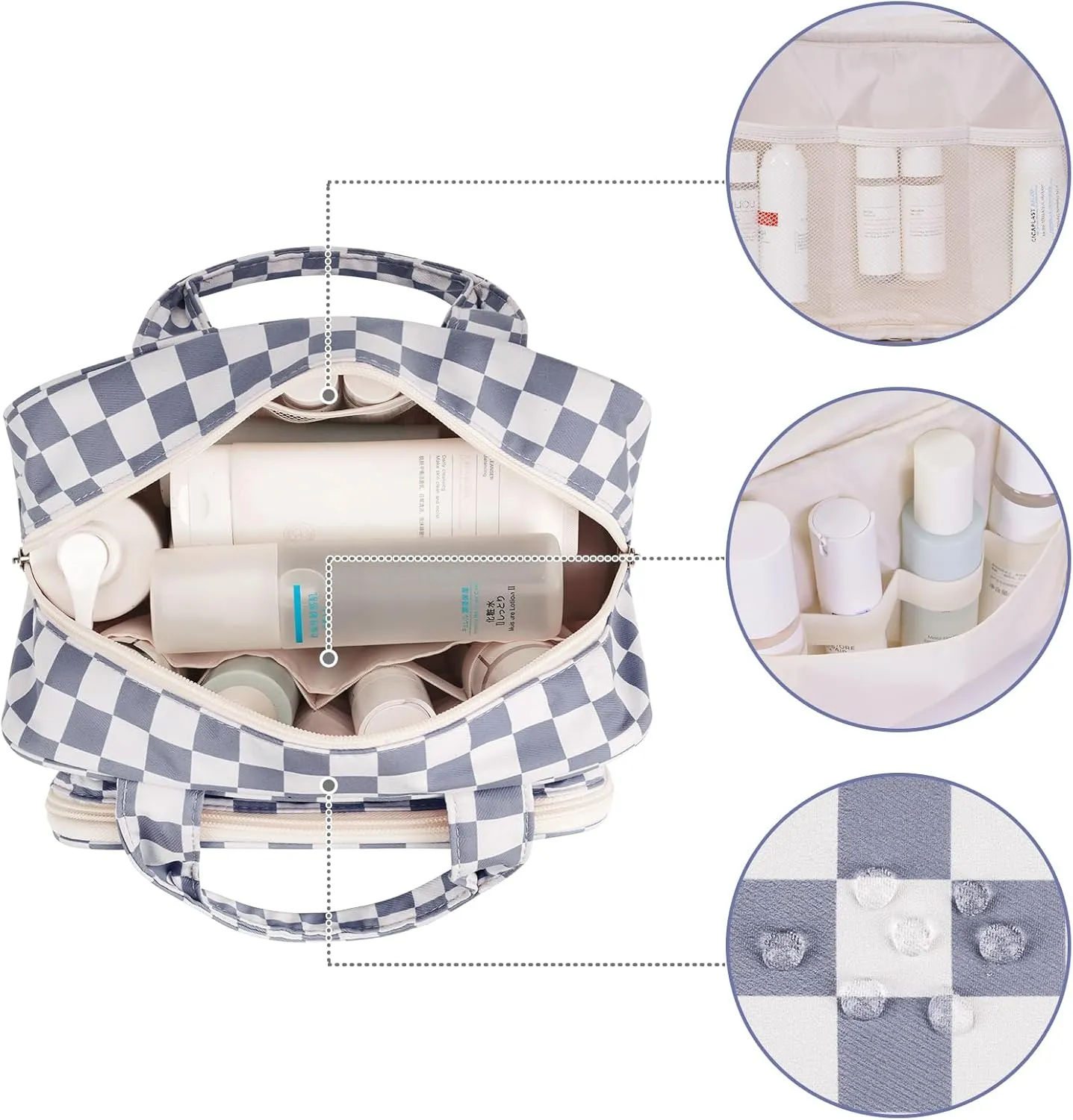 Narwey Large Toiletry Bag Women Makeup Bag Organizer Travel Cosmetic Bag for Toiletries Essentials Accessories (Grayish Blue Checkerboard)