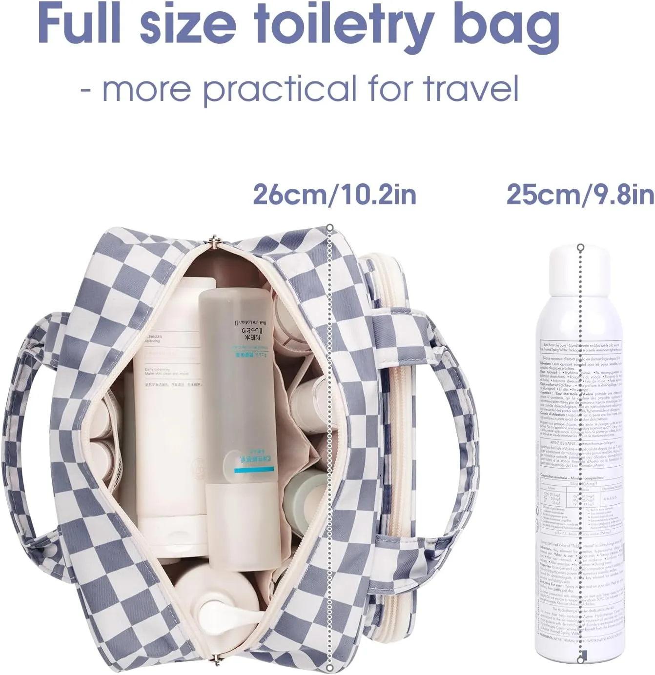 Narwey Large Toiletry Bag Women Makeup Bag Organizer Travel Cosmetic Bag for Toiletries Essentials Accessories (Grayish Blue Checkerboard)