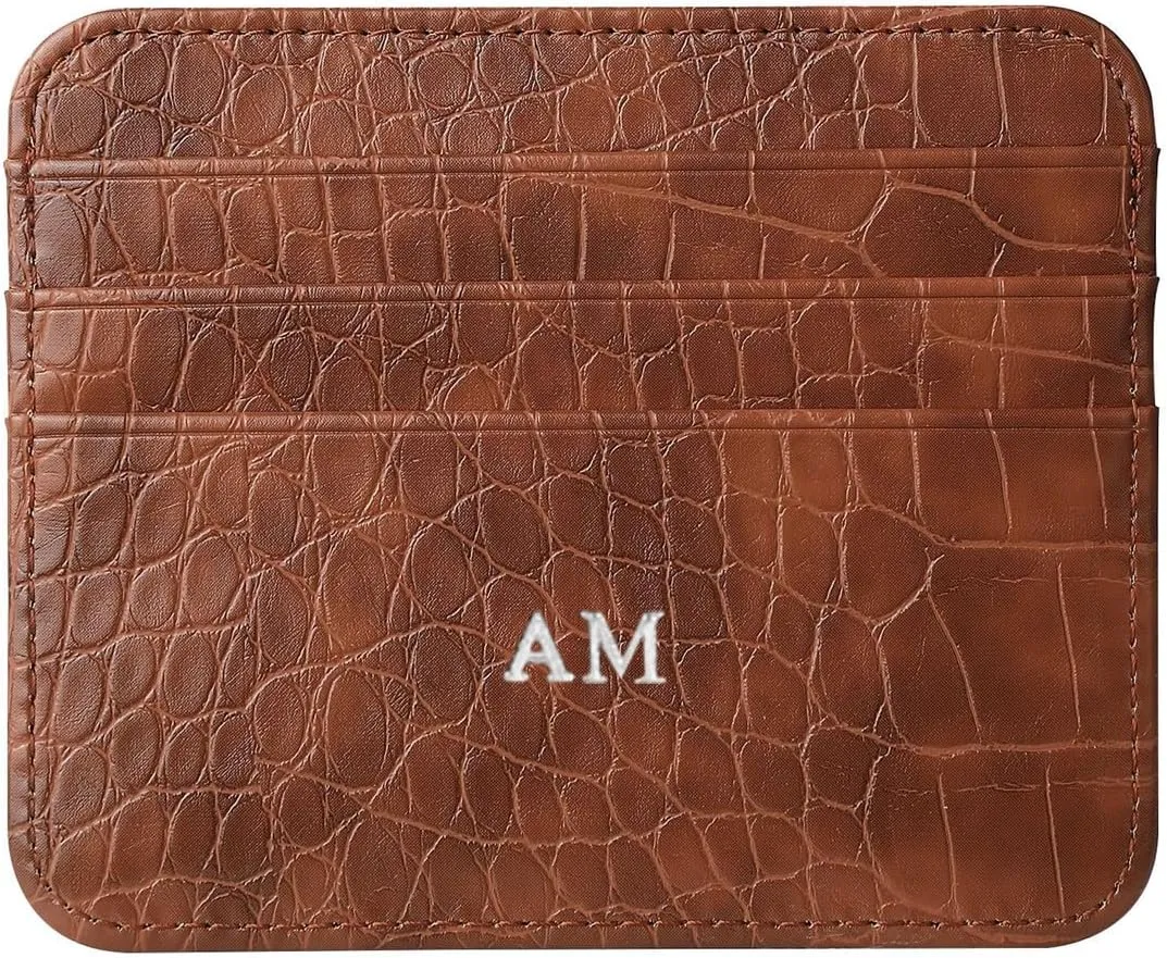 Personalisa Gold Silver Initial letters Credit Card Holder Wallet, PU Leather Ultra Slim Wallet, Thin Minimalist Credit Card Case Card Protector, Front Pocket Wallets for Men, Women (cro-brown)