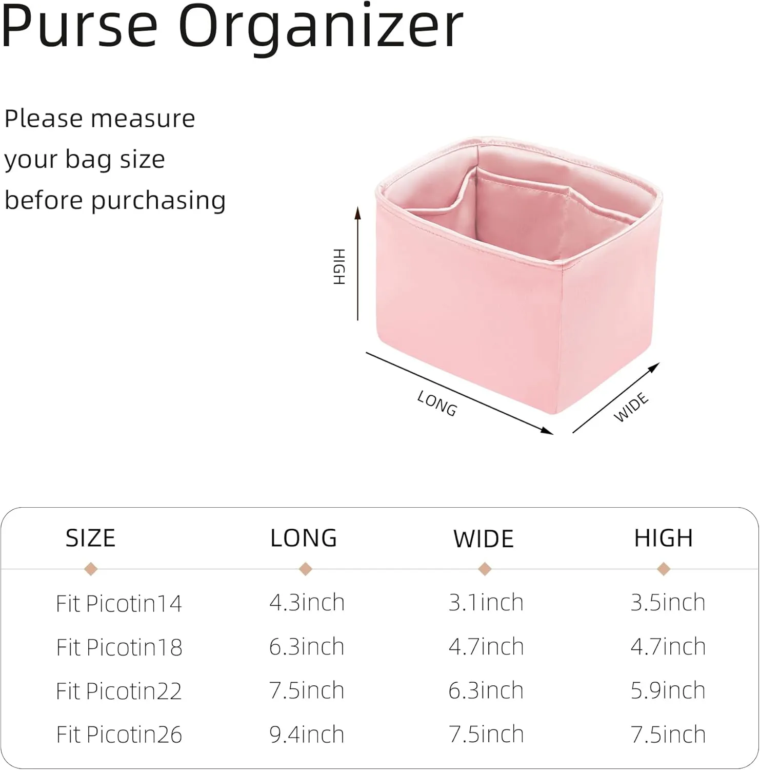 Purse Organizer for Picotin 18/22,Silky Smooth Insert,Lightweight Inside Bag,Luxury Handbag Storage(Picotin 18,Bubblegum)