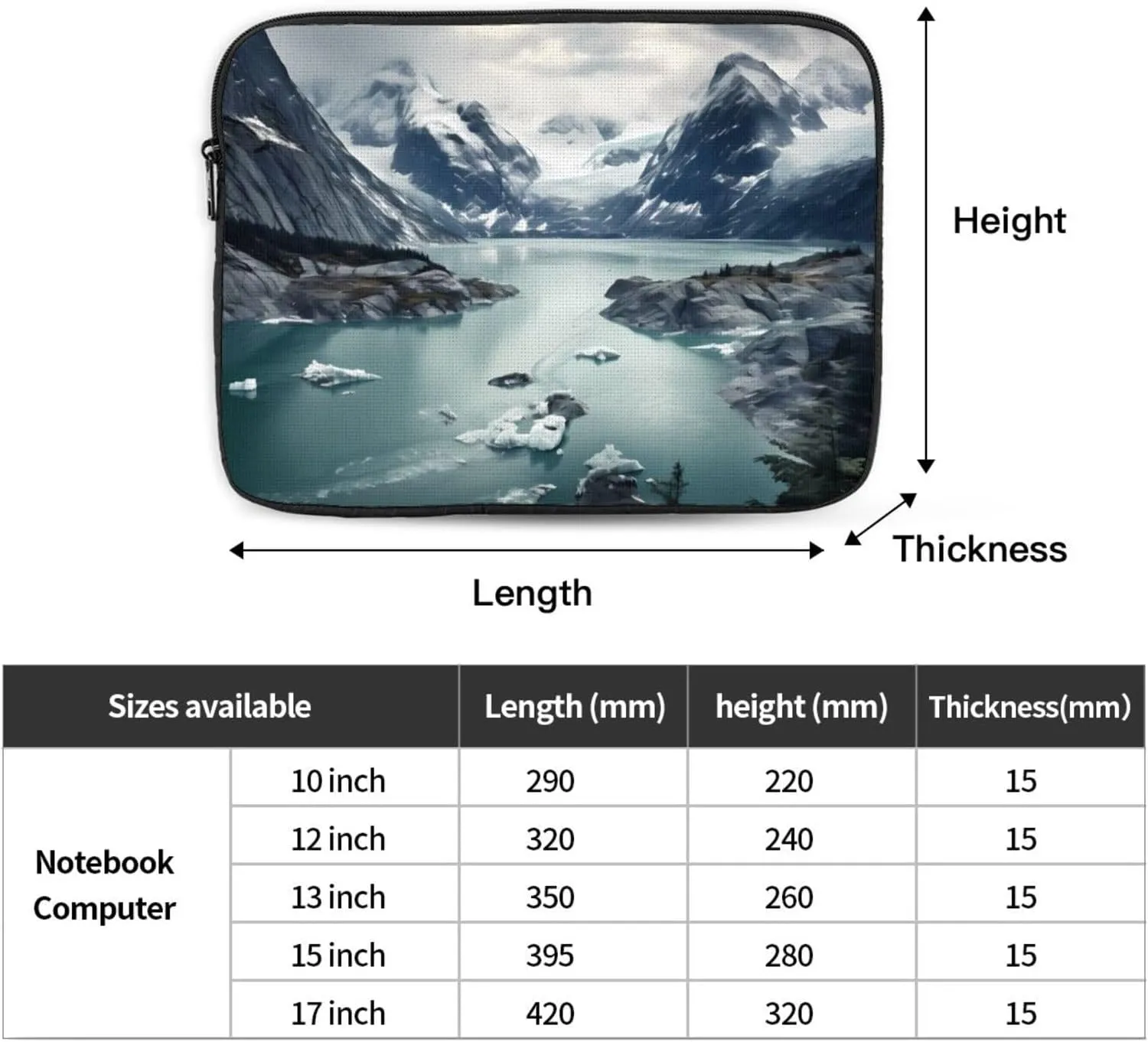 Shockproof Portable Laptop Sleeve Bag 15 inch - for Men and Women Business Travel, School, and Office Use Glacier Fjord, Alaska Prints