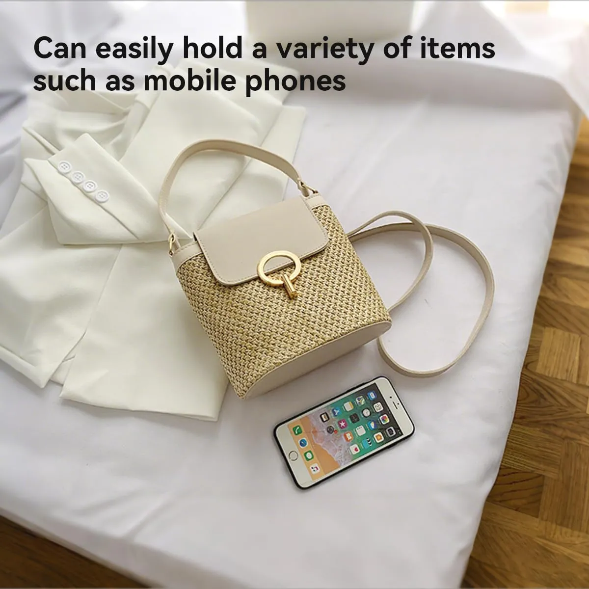 Small Straw Crossbody Bag, Women Cellphone Shoulder Bag Beach Bucket Handbag