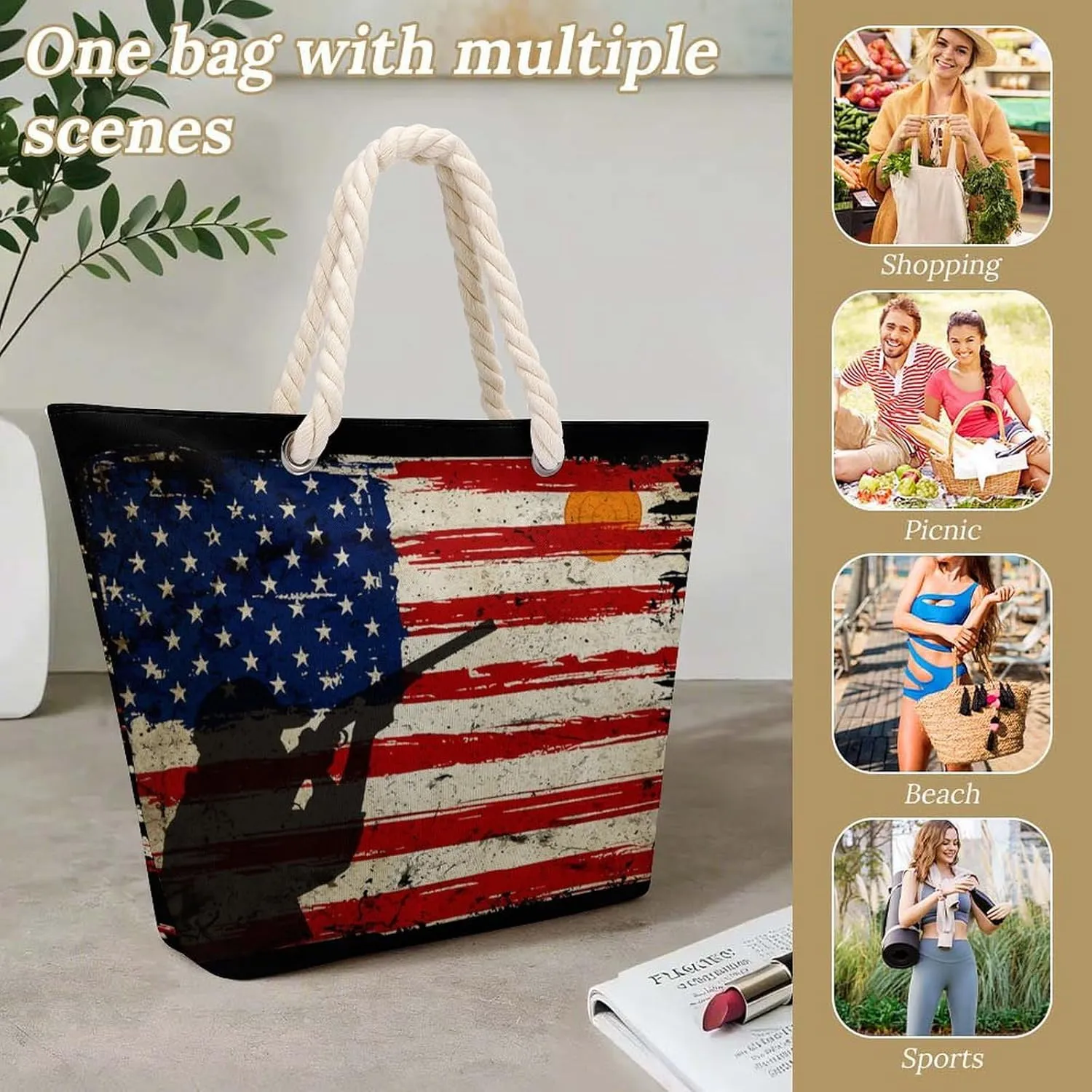 Tote Bag Large Handles Beach Bag with Zipper for Shopping Groceries Travel Outdoors Swim Pool Bag
