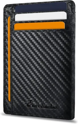 Travelambo Front Pocket Minimalist Leather Slim Wallet RFID Blocking Carbon Fiber Texture