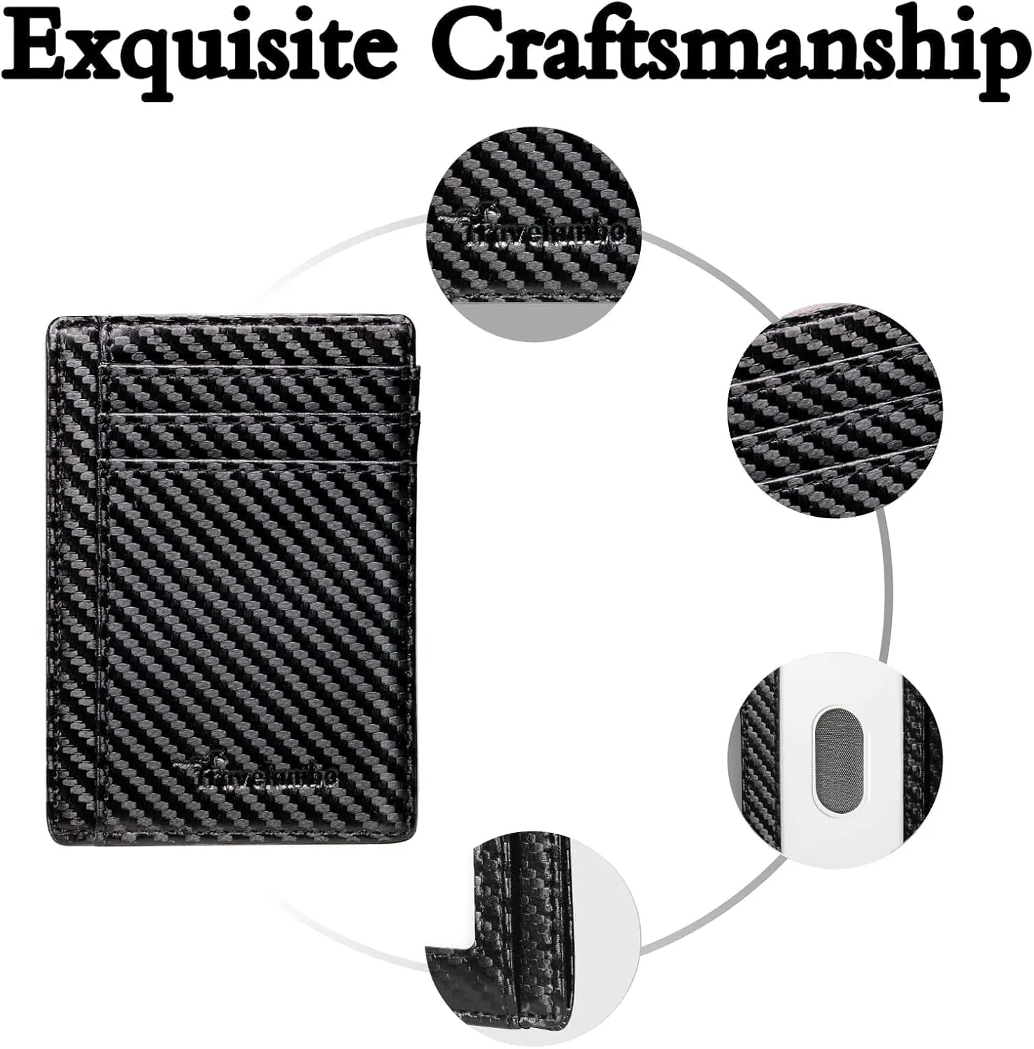 Travelambo Front Pocket Minimalist Leather Slim Wallet RFID Blocking Carbon Fiber Texture