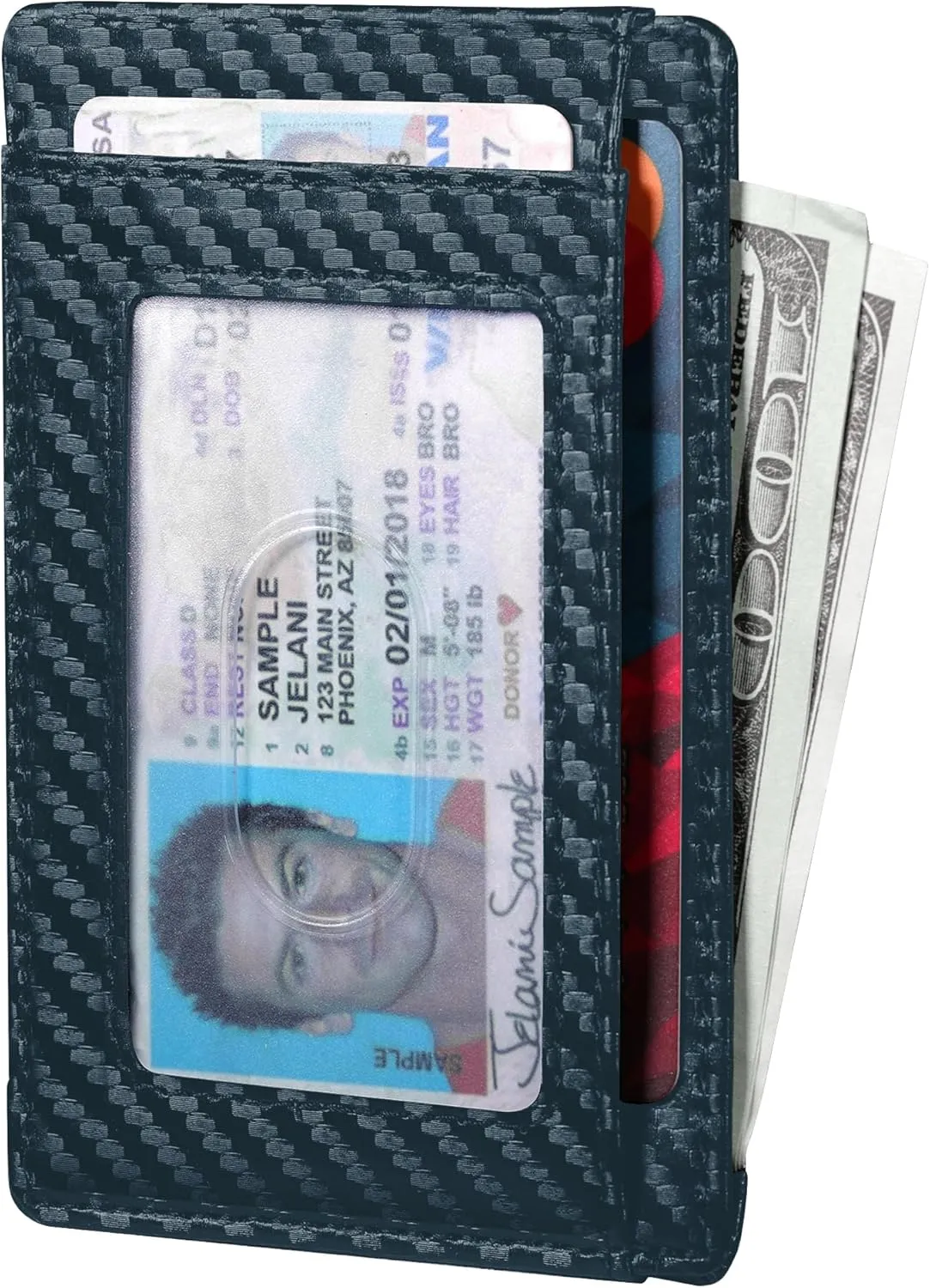 Travelambo Front Pocket Minimalist Leather Slim Wallet RFID Blocking Carbon Fiber Texture