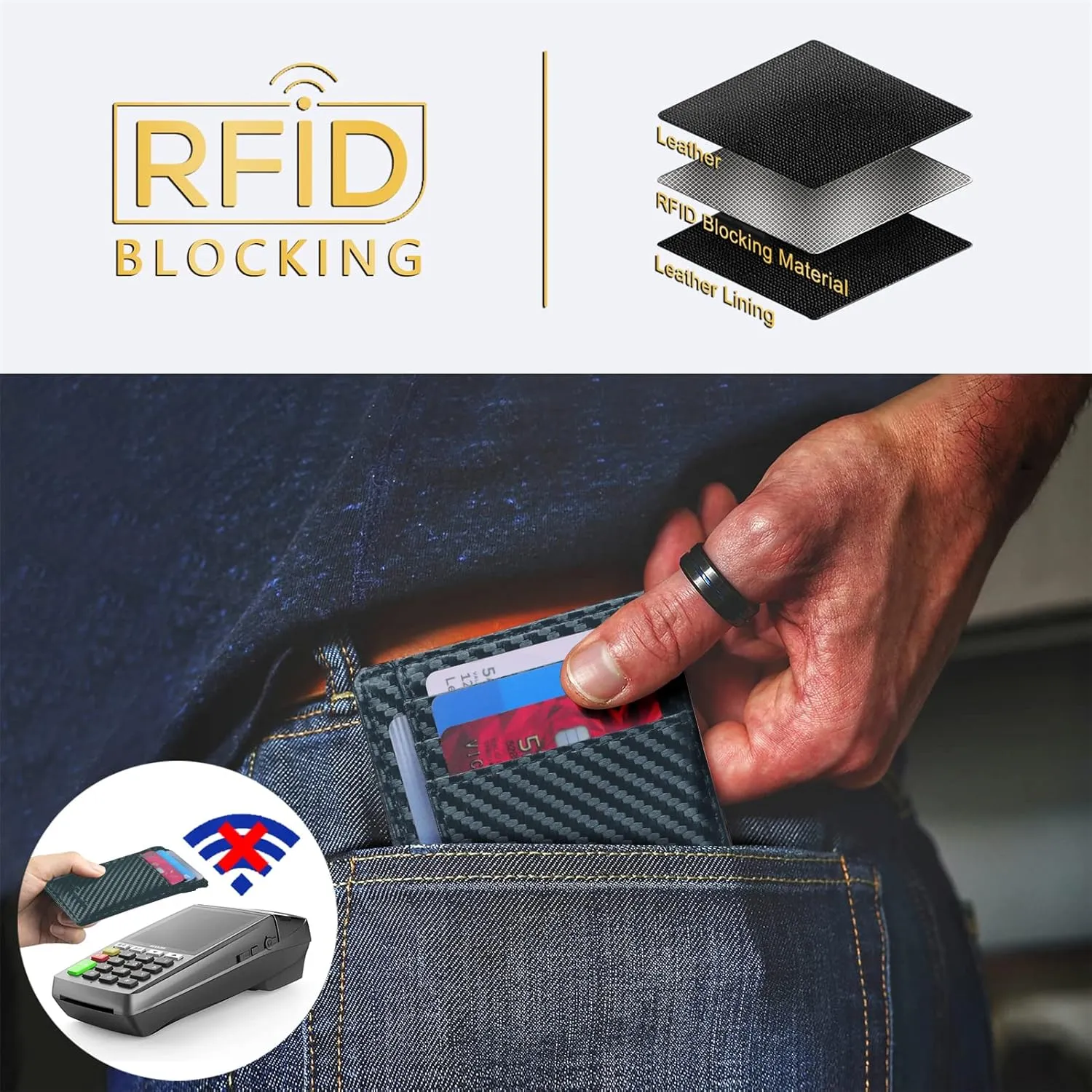 Travelambo Front Pocket Minimalist Leather Slim Wallet RFID Blocking Carbon Fiber Texture