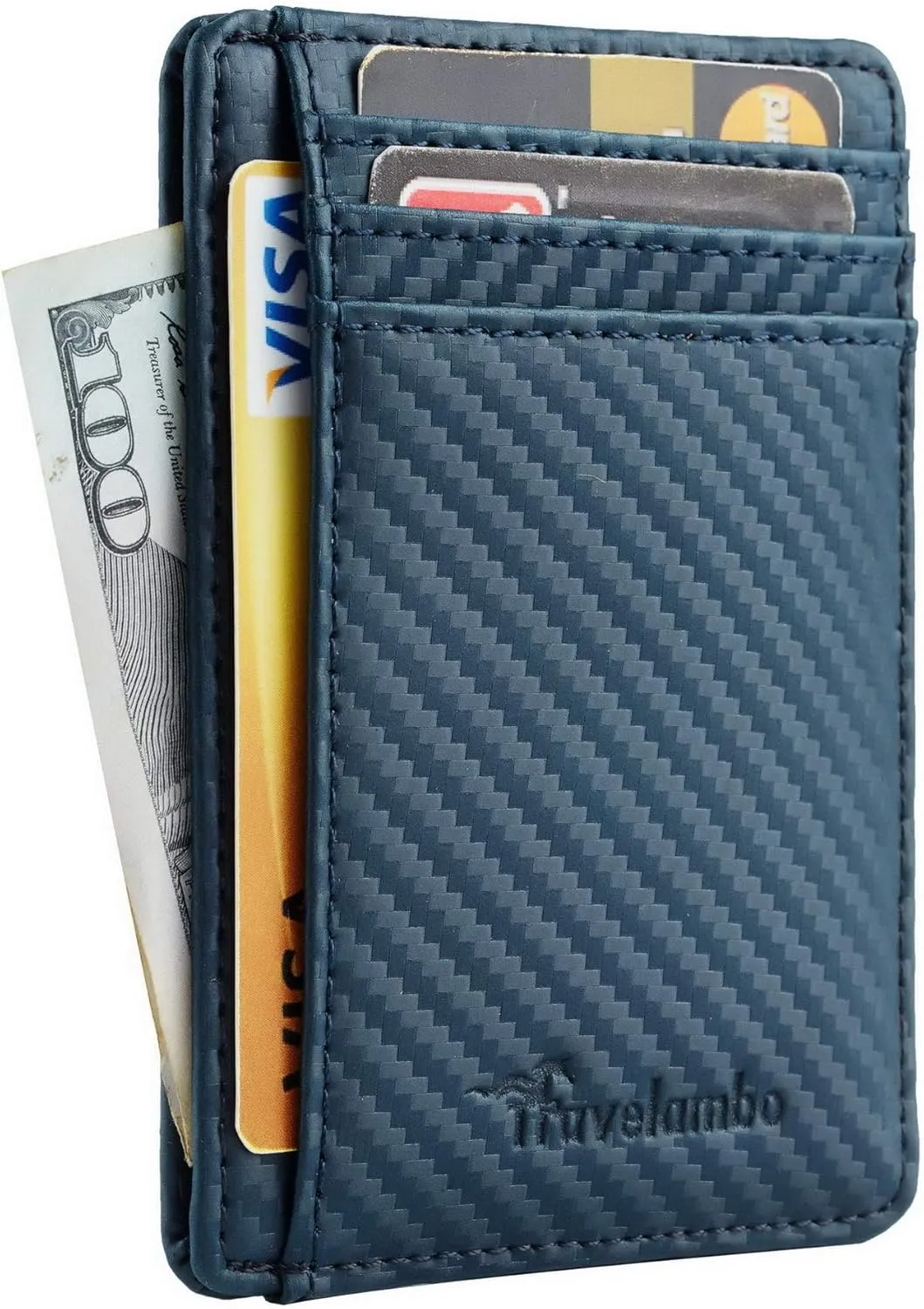 Travelambo Front Pocket Minimalist Leather Slim Wallet RFID Blocking Carbon Fiber Texture