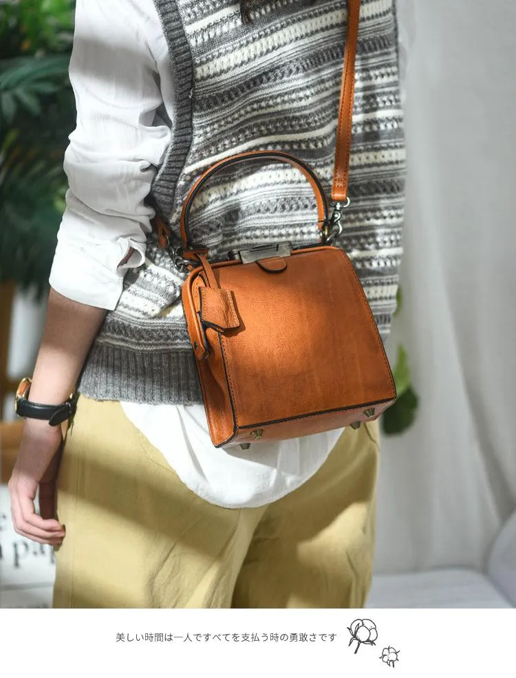 Womens Brown Leather Doctor Handbag Purses Square Doctor Crossbody Purse for Women