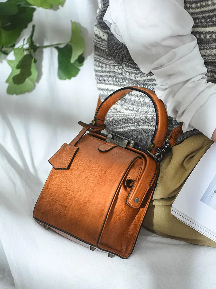 Womens Brown Leather Doctor Handbag Purses Square Doctor Crossbody Purse for Women