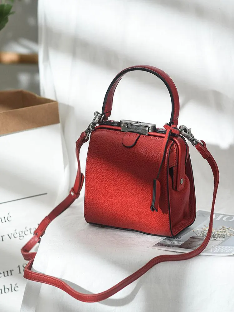 Womens Brown Leather Doctor Handbag Purses Square Doctor Crossbody Purse for Women