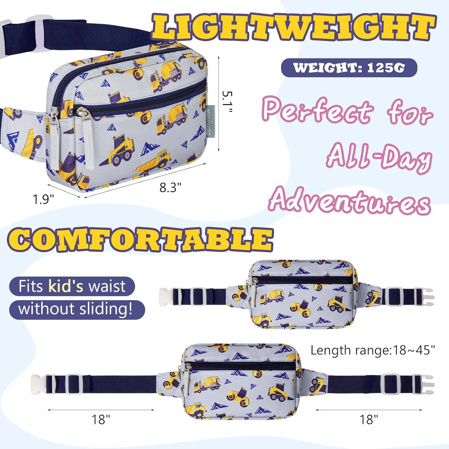 WOOMADA Fanny Pack, Crossbody Bag Waist Bag with Adjustable Waistband, Cute Belt Bag for Gifts(Grey Vehicles)