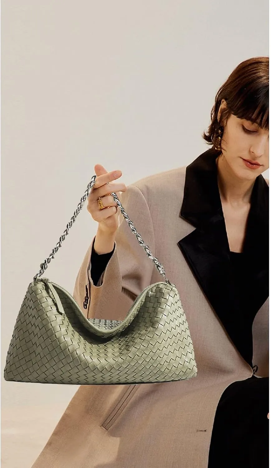 Woven Bag for Women, Fashion Top Handle Shoulder Bag Soft Vegan Leather Shopper Bag
